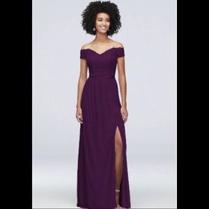 Floor length Plum off-the-shoulder bridesmaids dress